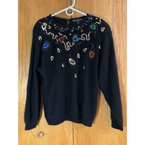 VTG Work in Progress Silk Angora Sweater Wms L‎ Black Knit Beaded Gladys Bagley